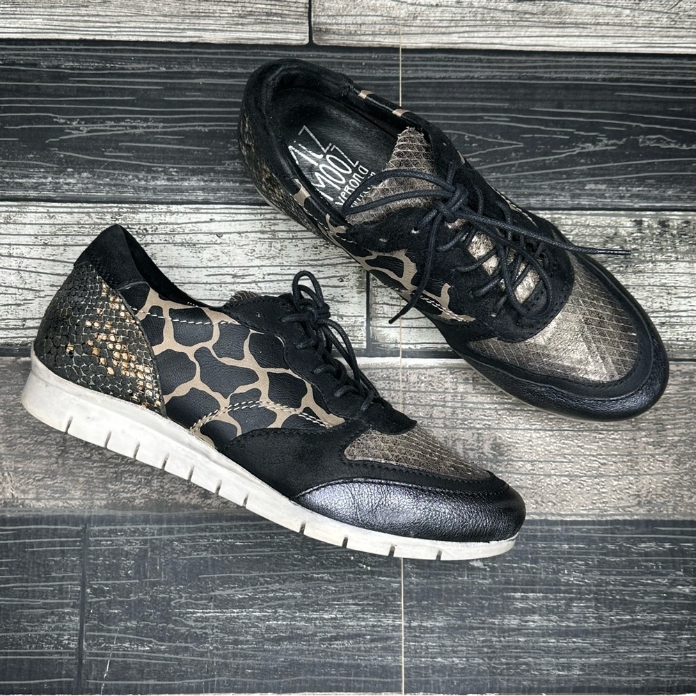 Miz Mooz Pericles Fashion Sneaker Women Size 38 7 Animal Print Casual Shoe Black